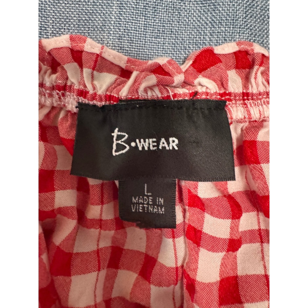 B-Wear Red Gingham Smocked Crop Top Short Sleeve Ruffle Blouse Large - Picture 4 of 6